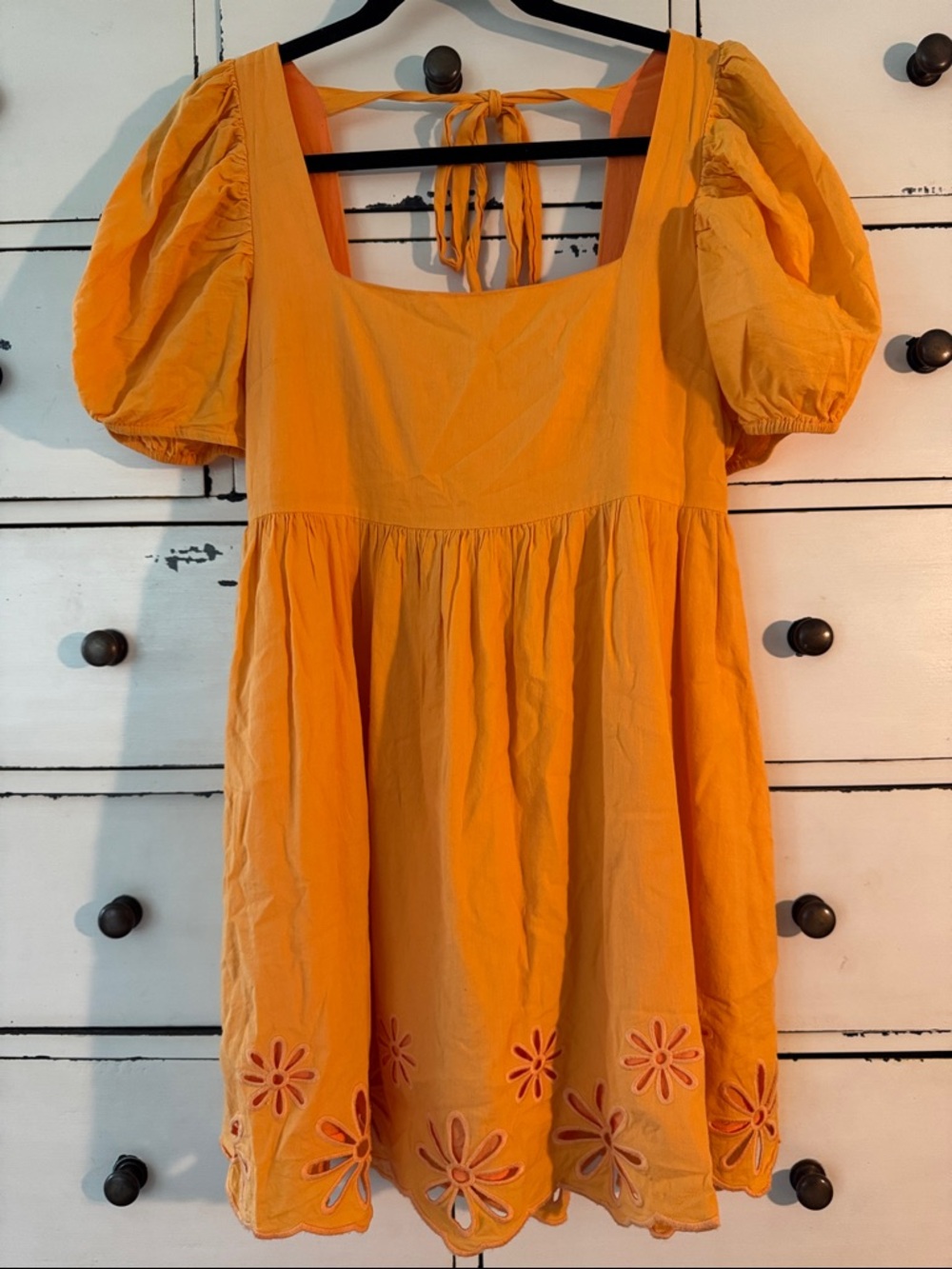 Orange Puff-Sleeve Summer Dress with Floral Hem and tie back